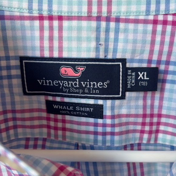 Vineyard Vines mens whale shirt 100% cotton Blue pink Plaid button down Shirt XL - Picture 5 of 7